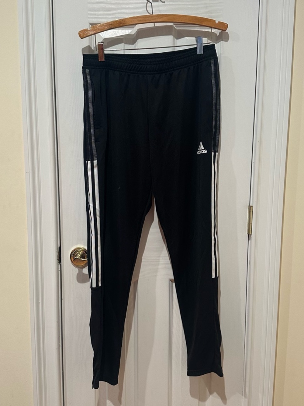 Adidas Men's Black Track Pants with White Stripes. Tapered, Size Large